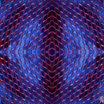 Reflected image with red netting used behind a bar, with a matte blue background